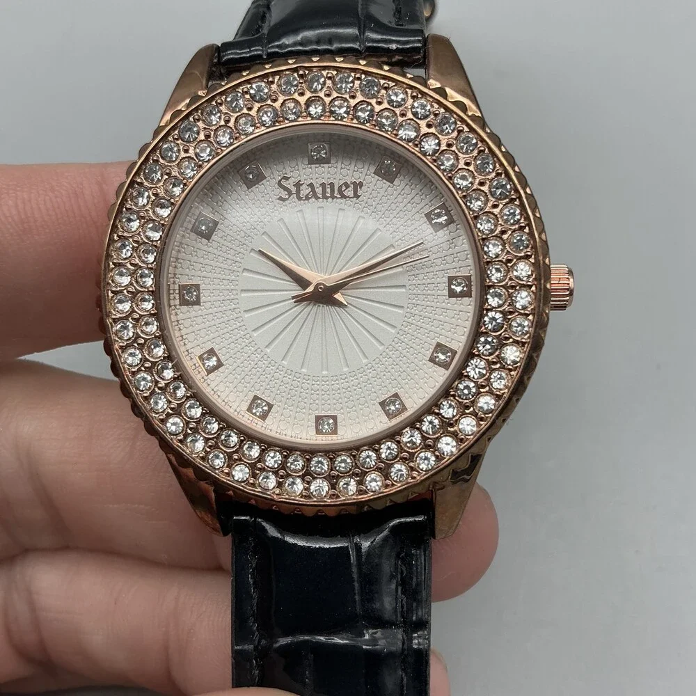 Stauer Womens Watch 38mm Silver Gold Tone Crystals Black Leather Strap